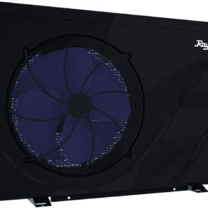 A black Raypak Crosswind Electric Heat/Cool Pool Heat Pump with a blue fan.